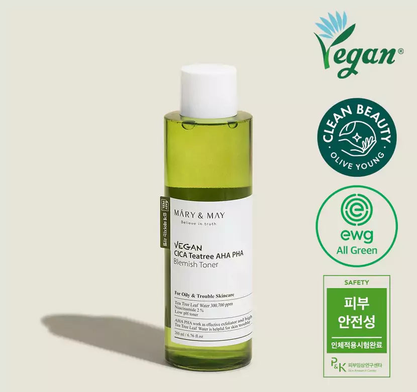 MARY&MAY Vegan CICA Tea Tree AHA PHA Toner 200ml-SKEEN